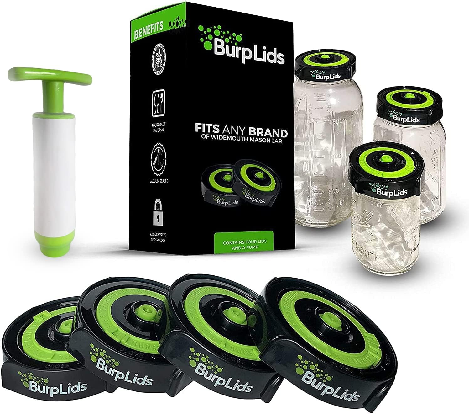 (4x) BurpLids® 4 Pack Curing Kits - Includes 16 Lids + 4 Extraction Pumps (16 Lids + 4 Pumps)